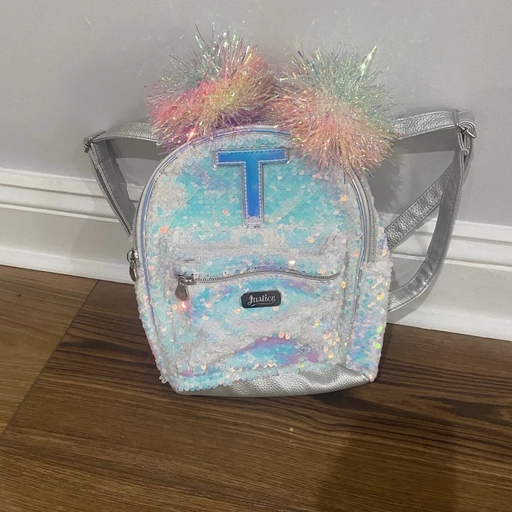 NWT Justice Girls Flip Sequin Holographic Pompom Initial Letter T Backpack